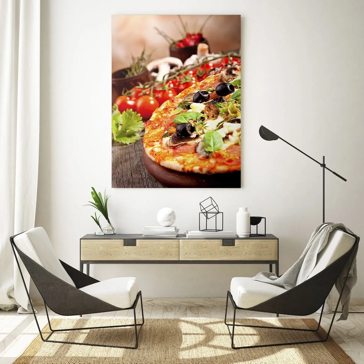 Glasbild - Bild auf glas - Pizza mit Oliven, Basilikum und frischen Zutaten auf Holzhintergrund - 80x120cm - Aus den tellurischen Zutaten - Moderne Wanddekoration für Wohnzimmer und Schlafzimmer ARTTOR