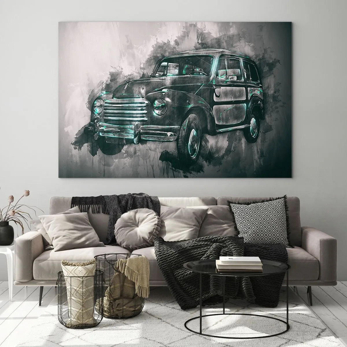 Glasbild - Bild auf glas - Ein altes Auto in Grau- und Türkistönen - 100x70cm - Geehrter Vorfahr - Moderne Wanddekoration für Wohnzimmer und Schlafzimmer ARTTOR