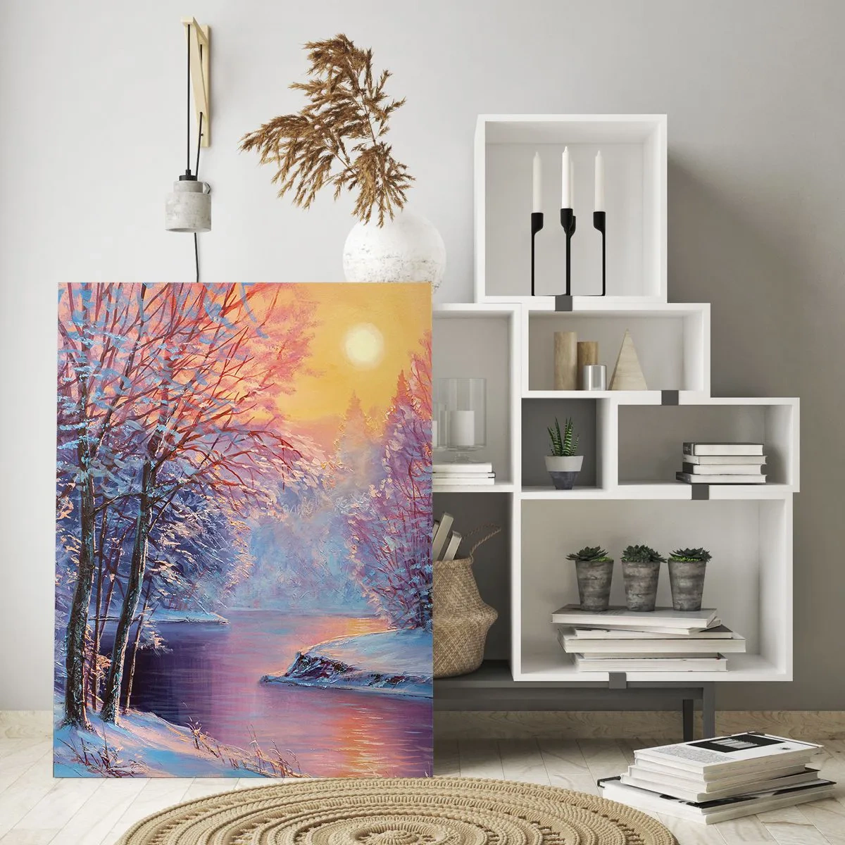 Glasbild - Bild auf glas - Winterlandschaft mit Fluss und Sonnenuntergang - 50x70cm - Die Farben des Winters - Moderne Wanddekoration für Wohnzimmer und Schlafzimmer ARTTOR