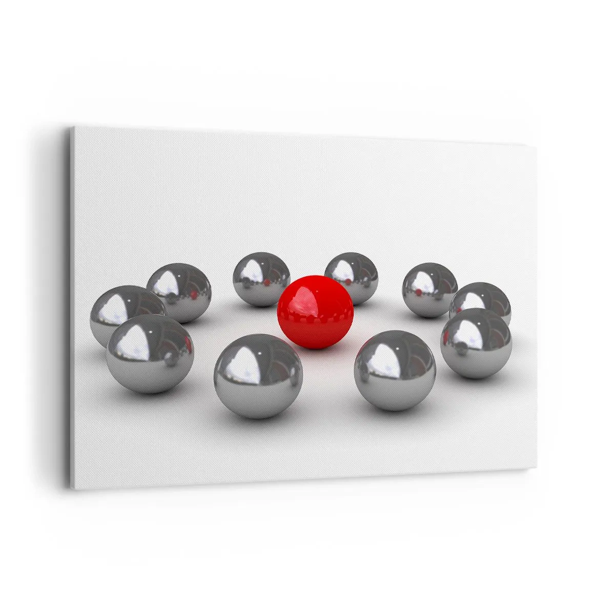 Bild auf Leinwand - Leinwandbild - Eine rote Kugel, umgeben von silbernen Kugeln auf weißem Hintergrund - 100x70cm - Ein Kreis in Silber und Rot - Moderne Wanddekoration für Wohnzimmer und Schlafzimmer ARTTOR