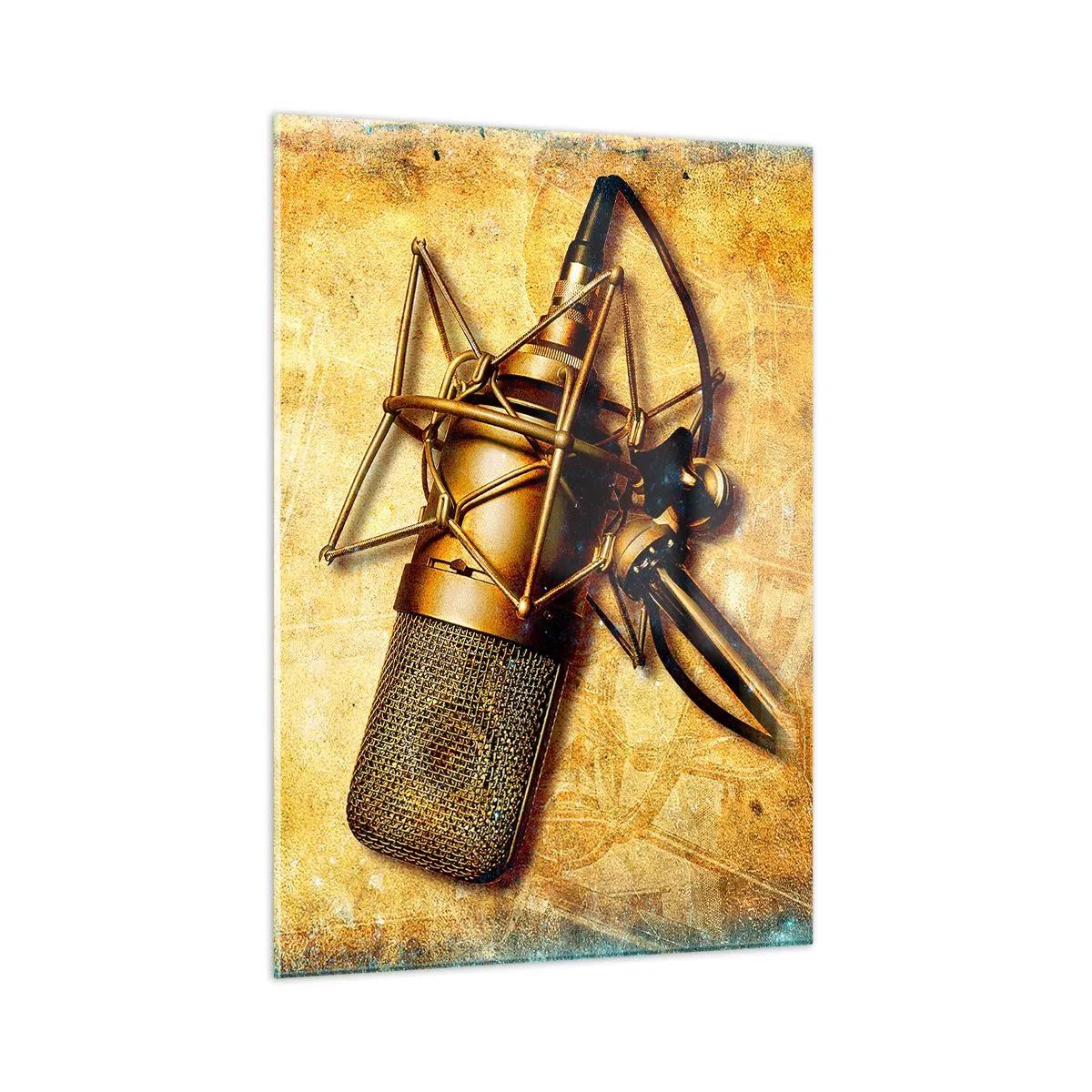Glasbild - Bild auf glas - Ein goldenes Mikrofon auf Vintage-Hintergrund - 50x70cm - Die goldenen Jahre des Radios - Moderne Wanddekoration für Wohnzimmer und Schlafzimmer ARTTOR