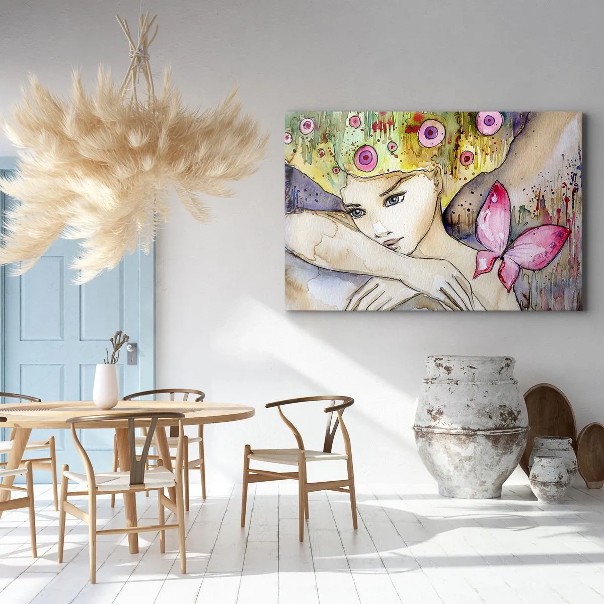 Bild auf Leinwand - Leinwandbild - Eine Frau mit abstrakter Frisur und einem rosa Schmetterling - 70x50cm - Schmetterlingsprinzessin - Moderne Wanddekoration für Wohnzimmer und Schlafzimmer ARTTOR