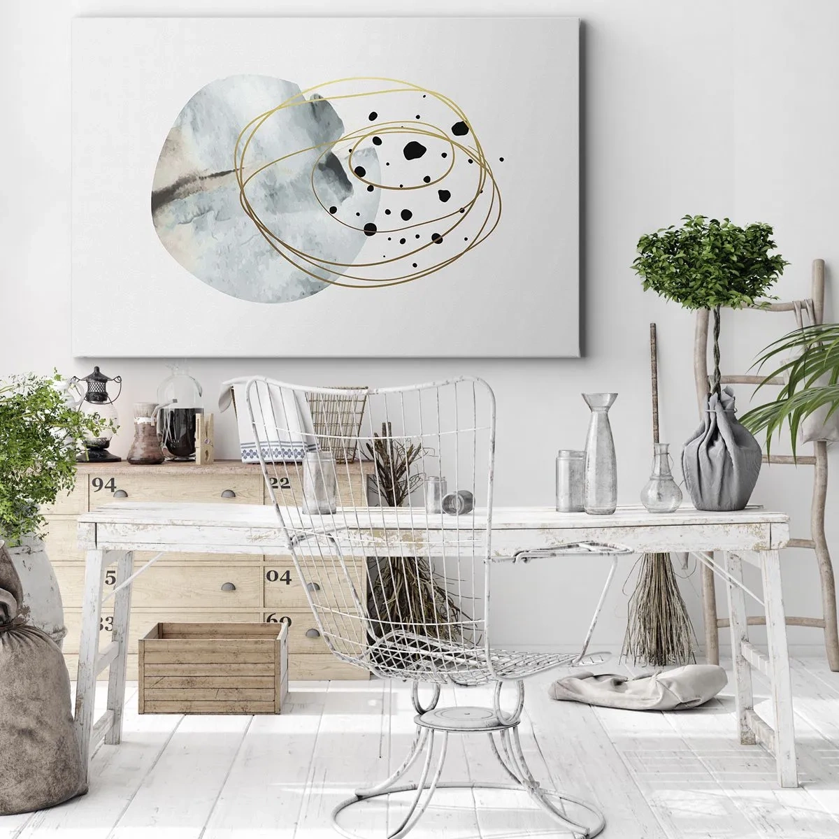 Bild auf Leinwand - Leinwandbild - Minimalistische Abstraktion mit geometrischem Muster und goldenen Linien - 100x70cm - Vom Weltraum umarmt - Moderne Wanddekoration für Wohnzimmer und Schlafzimmer ARTTOR