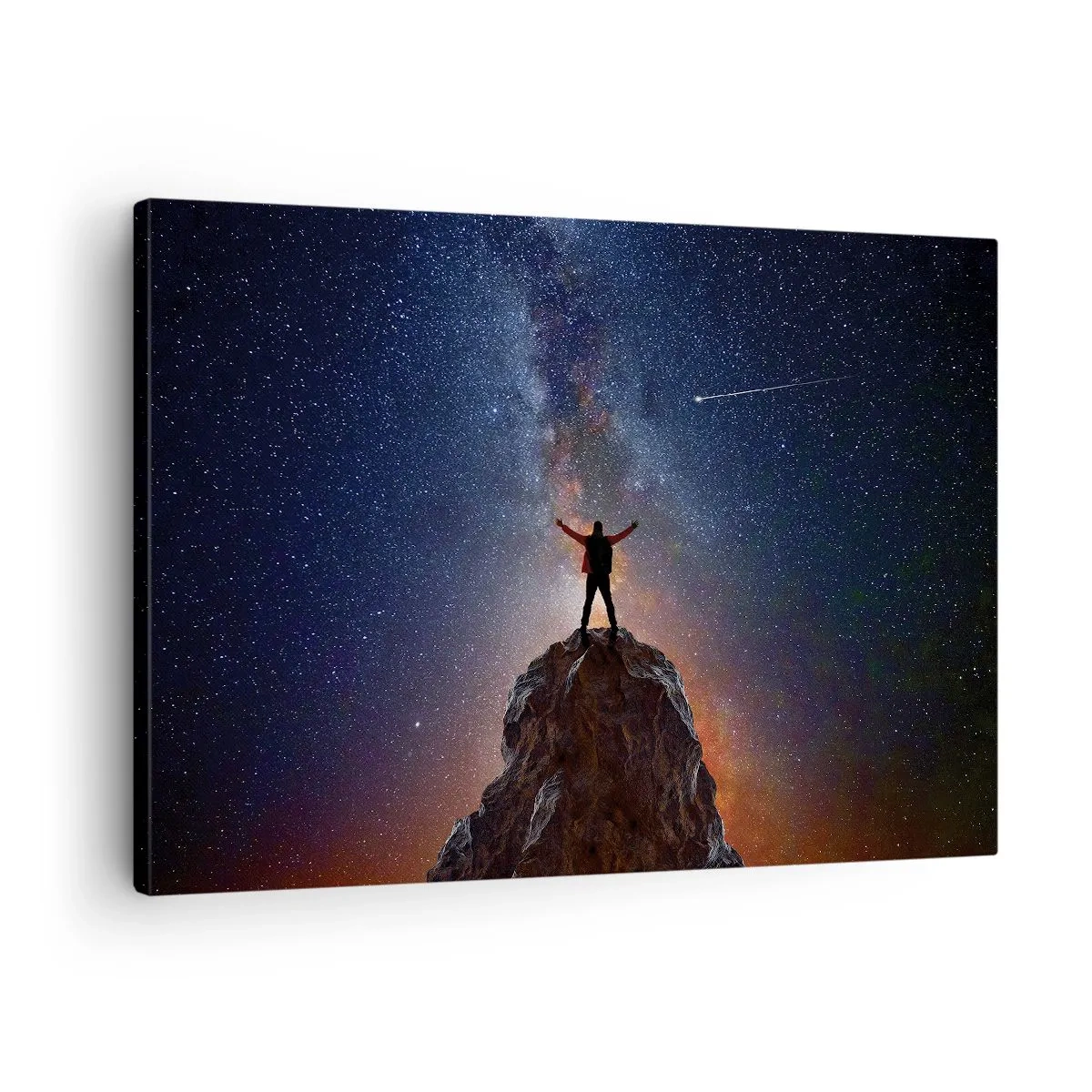 Bild auf Leinwand - Leinwandbild - Eine Figur auf einem Berggipfel unter einem Sternenhimmel - 70x50cm - Die Macht ist mit mir! - Moderne Wanddekoration für Wohnzimmer und Schlafzimmer ARTTOR
