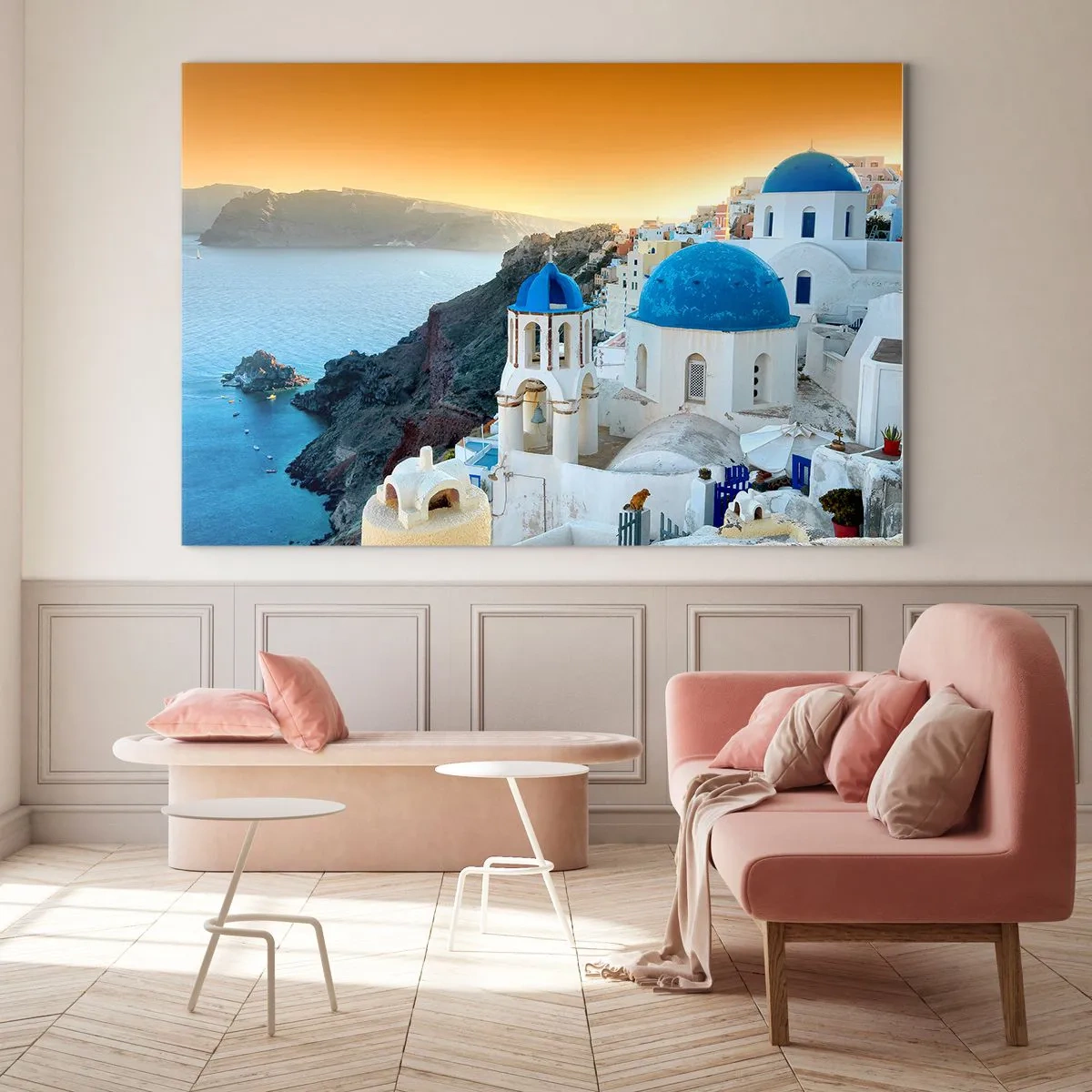 Glasbild - Bild auf glas - Blick auf Santorin mit seinen blauen Kuppeln und Klippen - 70x50cm - Santorini - an die Felsen gekuschelt - Moderne Wanddekoration für Wohnzimmer und Schlafzimmer ARTTOR