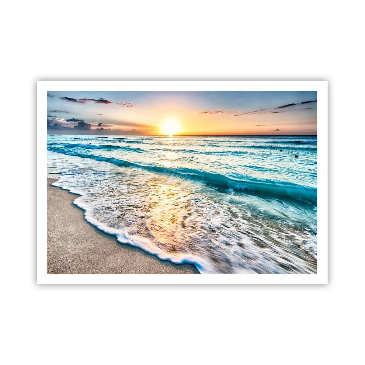 Poster - Sonnenaufgang über einem ruhigen Strand mit Wellen - 100x70cm - Ein Blick lohnt sich - Moderne Wanddekoration für Wohnzimmer und Schlafzimmer ARTTOR