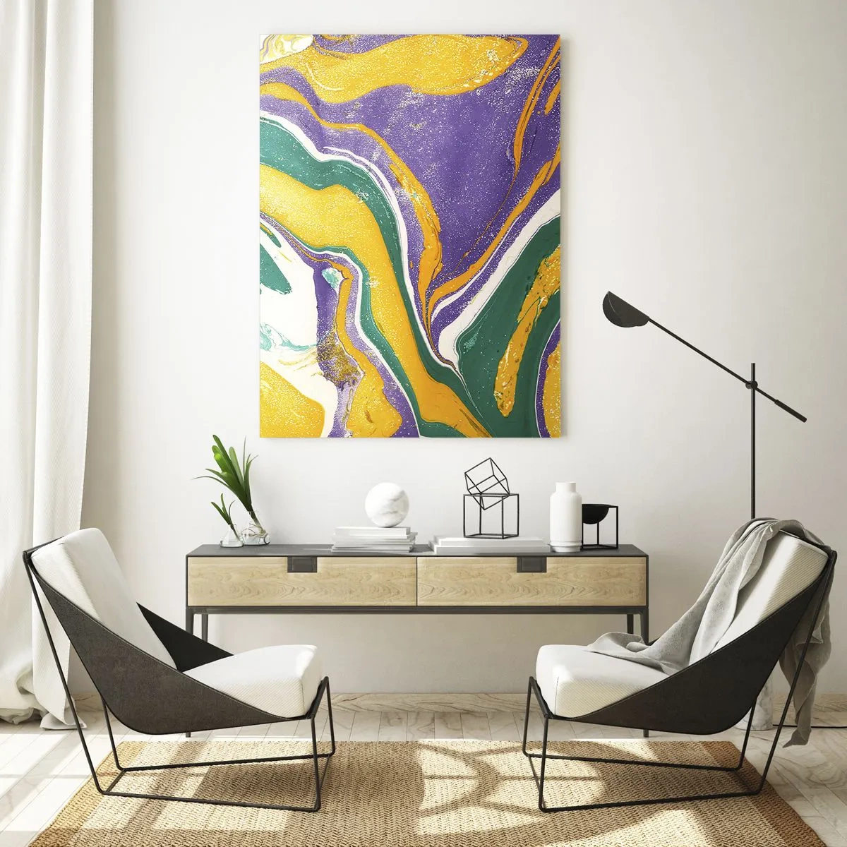Glasbild - Bild auf glas - Abstraktes Marmormuster in lebendigen Farben - 80x120cm - Farbwellen - Moderne Wanddekoration für Wohnzimmer und Schlafzimmer ARTTOR