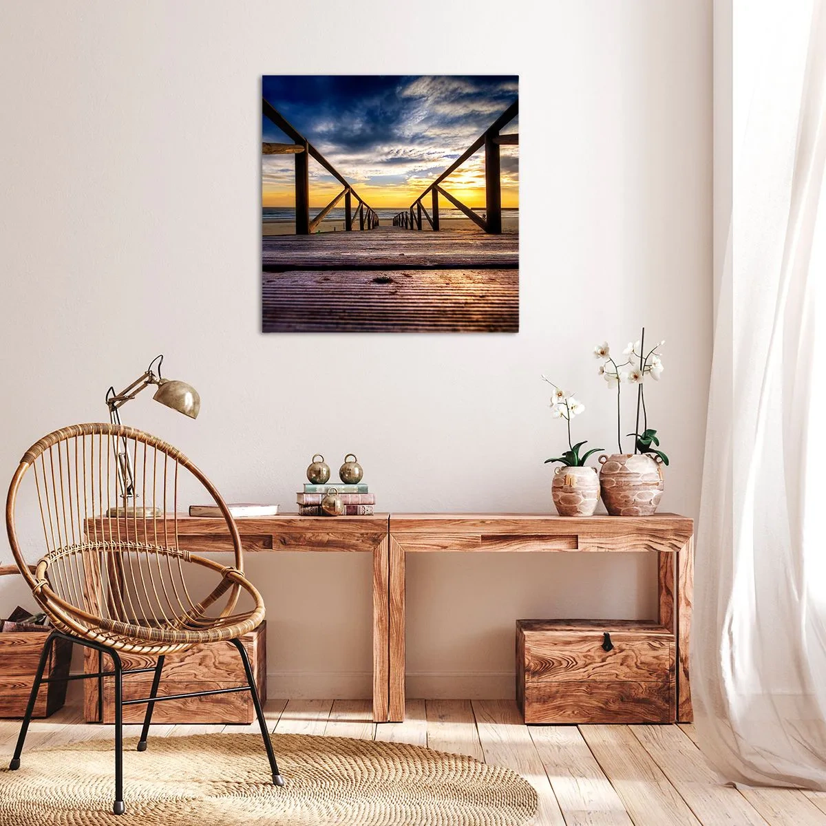 Bild auf Leinwand - Leinwandbild - Direkt zum ruhigen Strand bei Sonnenuntergang - 60x60 cm