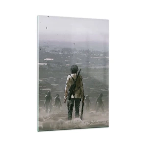 Glasbild - Bild auf glas - Eine Gestalt mit einer Waffe steht vor einer Gruppe in einer dystopischen Landschaft. - 80x120cm - Letzter Gerechter? - Moderne Wanddekoration für Wohnzimmer und Schlafzimmer ARTTOR