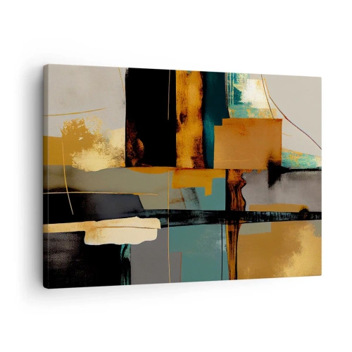 Bild auf Leinwand - Leinwandbild - Abstrakte Komposition mit goldenen und türkisfarbenen Elementen - 70x50cm - Abstraktion – Licht und Schatten - Moderne Wanddekoration für Wohnzimmer und Schlafzimmer ARTTOR