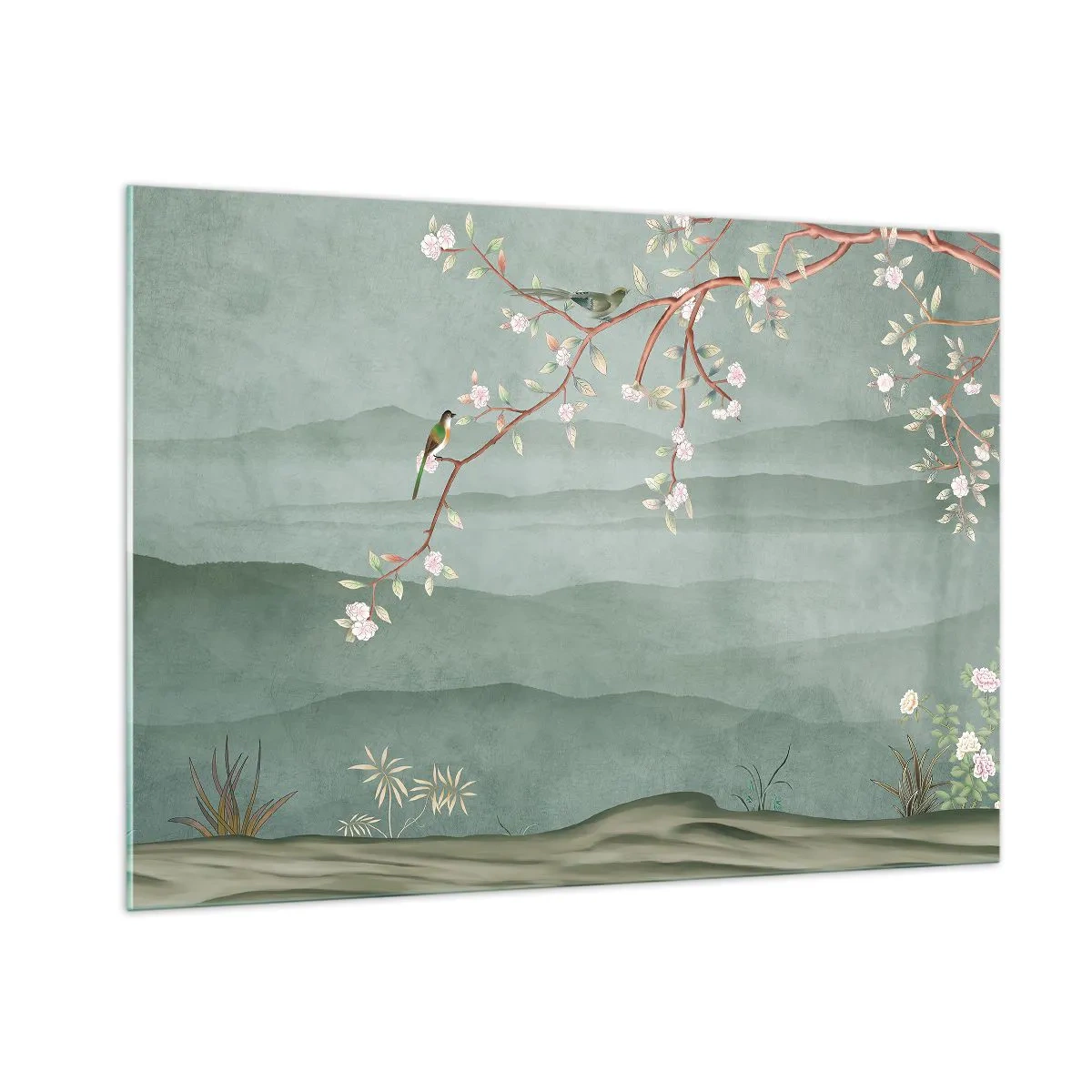 Glasbild - Bild auf glas - Ein Zweig mit Blumen und Vögeln vor dem Hintergrund grüner Hügel - 100x70cm - Frühling, oh, du bist es - Moderne Wanddekoration für Wohnzimmer und Schlafzimmer ARTTOR