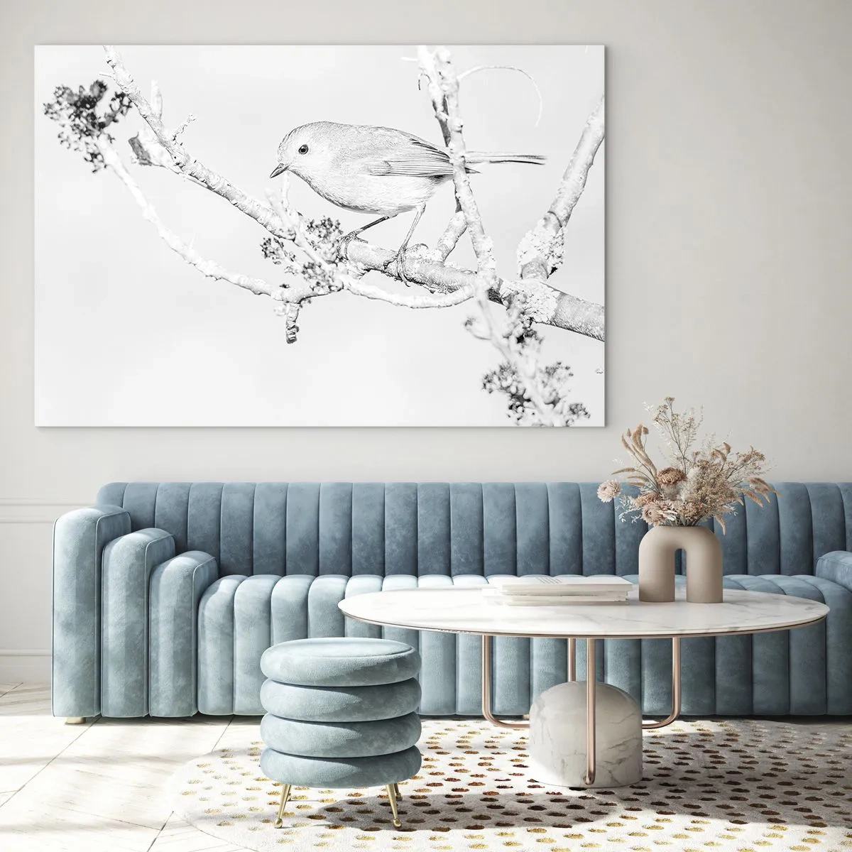 Glasbild - Bild auf glas - Ein Vogel sitzt auf einem Ast in einer monochromen Winterlandschaft. - 70x50cm - Wintermorgen - Moderne Wanddekoration für Wohnzimmer und Schlafzimmer ARTTOR
