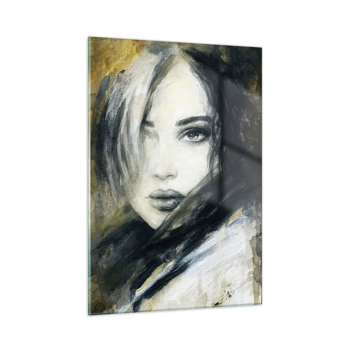 Glasbild - Bild auf glas - Porträt einer Frau im Aquarellstil - 50x70cm - unschuldiger oder sinnlicher? - Moderne Wanddekoration für Wohnzimmer und Schlafzimmer ARTTOR
