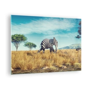Glasbild - Bild auf glas - Ein Elefant mit Zebrastreifen in der Savanne unter freiem Himmel - 70x50cm - Grau ist nicht mehr in Mode - Moderne Wanddekoration für Wohnzimmer und Schlafzimmer ARTTOR