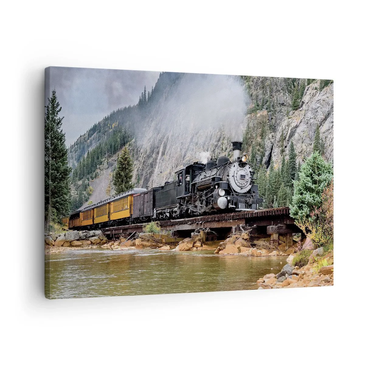 Bild auf Leinwand - Leinwandbild - Eine Dampflokomotive auf einer Brücke in einer malerischen Berglandschaft - 70x50cm - Wo willst du hin? Wohin? - Moderne Wanddekoration für Wohnzimmer und Schlafzimmer ARTTOR