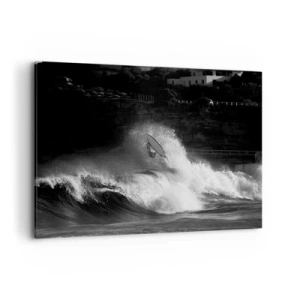 Bild auf Leinwand - Leinwandbild - Ein Surfer, der eine Welle reitet, in Monochrom - 100x70cm - Herausforderung angenommen! - Moderne Wanddekoration für Wohnzimmer und Schlafzimmer ARTTOR