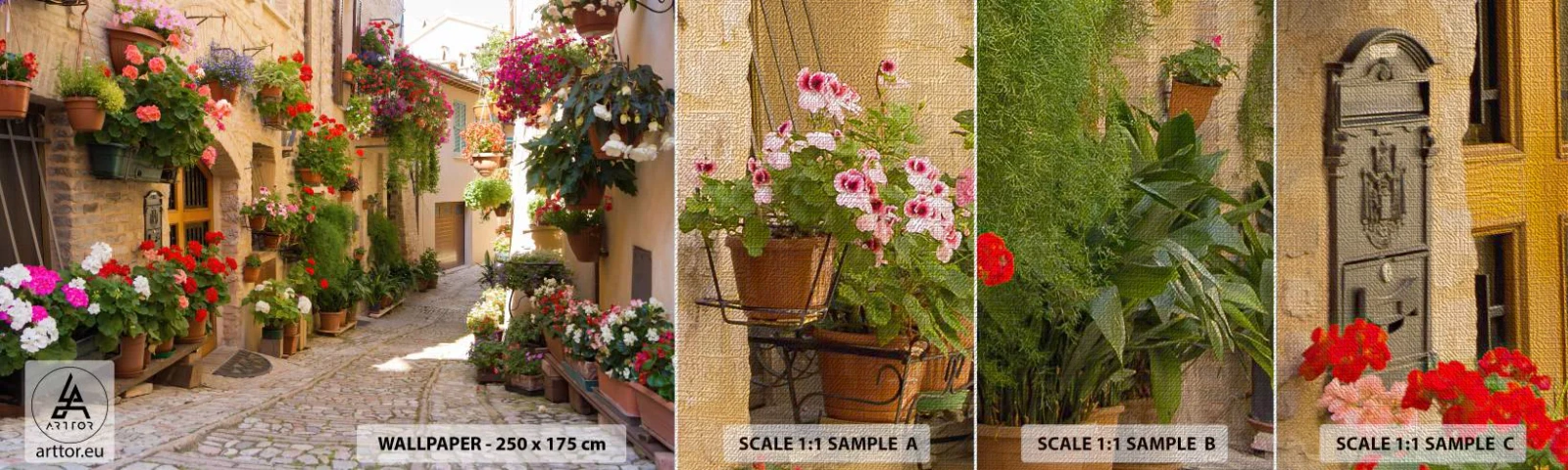 Fototapeten Muster Premium Canvas - In der Flut Blumen - Stadt, Italien, Schöne Straßen - 100x30 cm