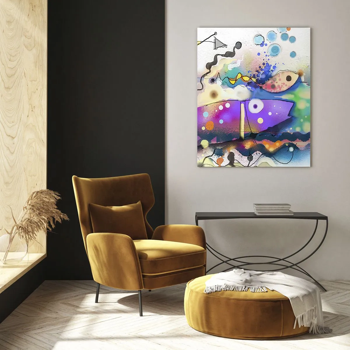Glasbild - Bild auf glas - Abstrakter Fisch in einer farbenfrohen, surrealen Komposition - 80x120cm - Es fehlen die Worte! - Moderne Wanddekoration für Wohnzimmer und Schlafzimmer ARTTOR