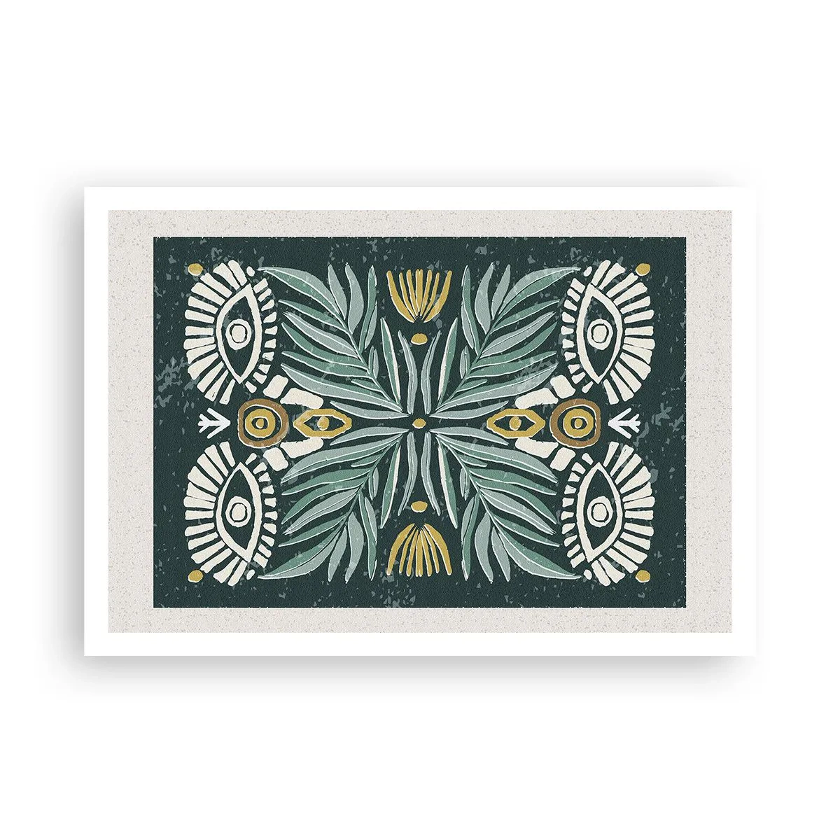 Poster - Symmetrisches Pflanzenmuster auf grünem Hintergrund - 100x70cm - Wie ein Volksausschnitt - Moderne Wanddekoration für Wohnzimmer und Schlafzimmer ARTTOR