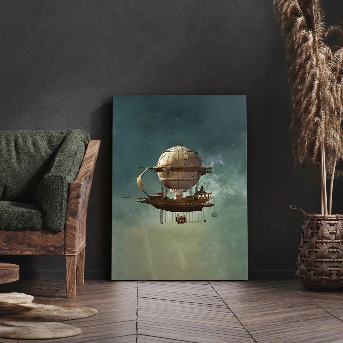 Bild auf Leinwand - Leinwandbild - Ein fantastisches Luftschiff vor dem grünlichen Himmel - 50x70cm - Jules Verne sagt Hallo - Moderne Wanddekoration für Wohnzimmer und Schlafzimmer ARTTOR