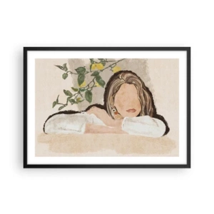 Poster in einem schwarzem Rahmen - Die Figur einer Frau vor dem Hintergrund eines Zitronenbaums - 70x50cm - Südländische Schönheit - Moderne Wanddekoration für Wohnzimmer und Schlafzimmer ARTTOR