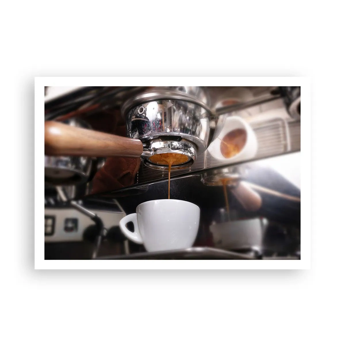 Poster - Nahaufnahme einer Kaffeemaschine, die einen frischen Espresso zubereitet - 100x70cm - Gute Zeit des Tages - Moderne Wanddekoration für Wohnzimmer und Schlafzimmer ARTTOR