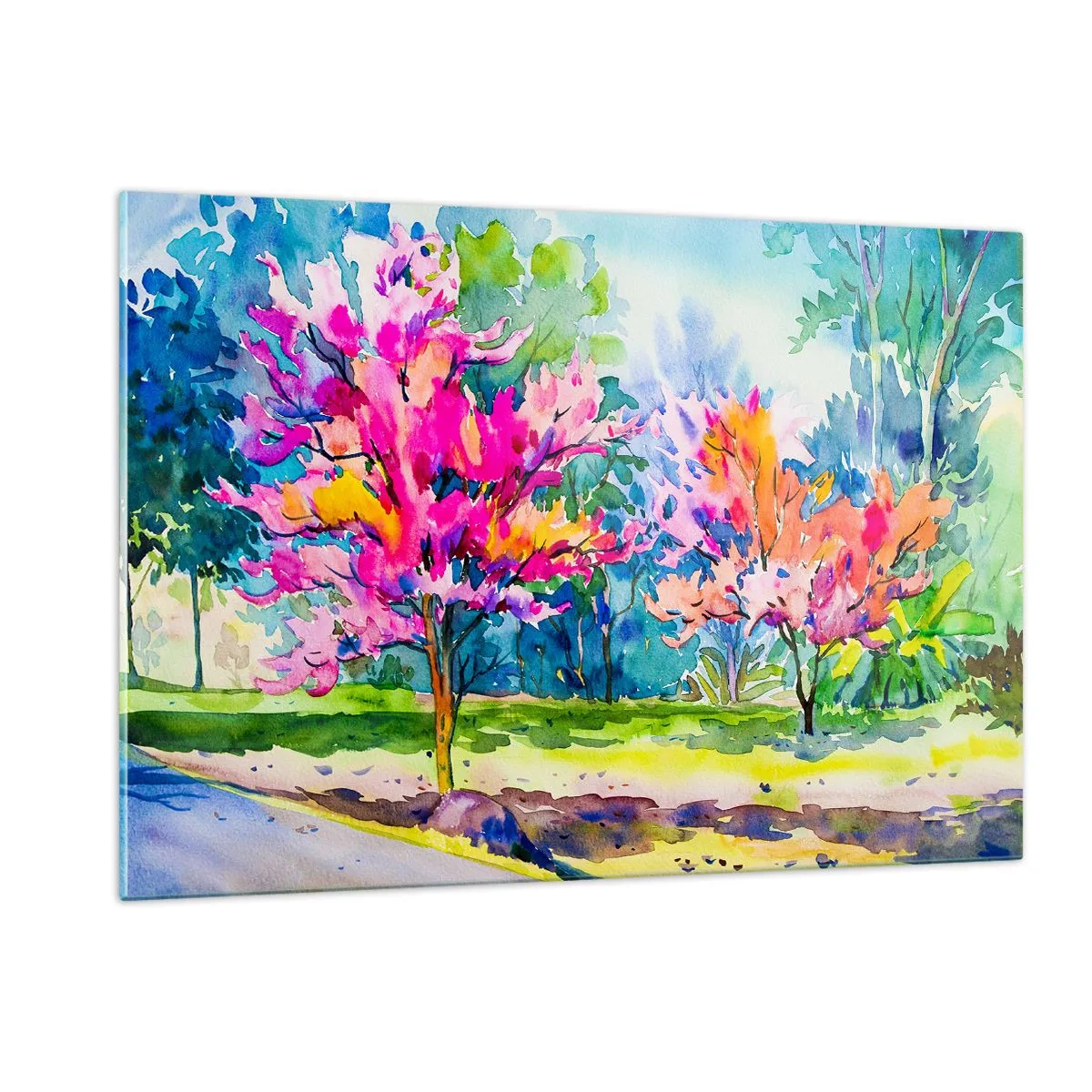 Glasbild - Bild auf glas - Bunte Bäume im Park, gemalt mit Aquarelltechnik - 120x80cm - Regenbogengarten im Frühlingslicht - Moderne Wanddekoration für Wohnzimmer und Schlafzimmer ARTTOR