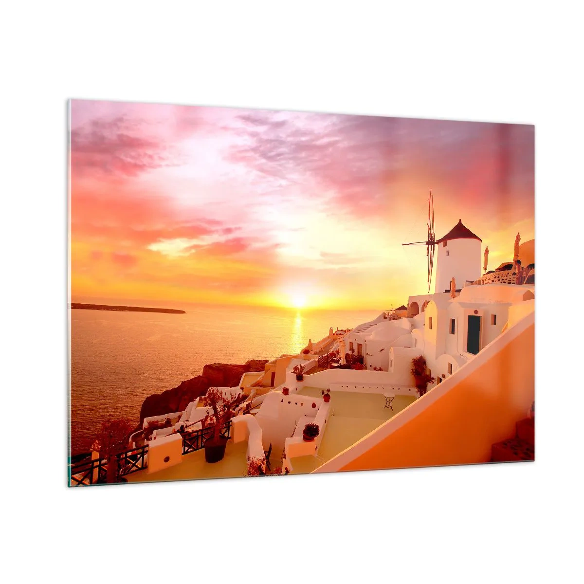 Glasbild - Bild auf glas - Sonnenuntergang über Santorini mit weißen Gebäuden und einer Windmühle - 100x70cm - In Weiß und Gold schmelzen - Moderne Wanddekoration für Wohnzimmer und Schlafzimmer ARTTOR