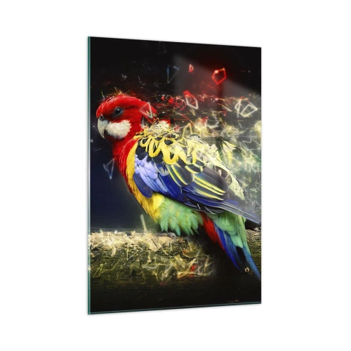 Glasbild - Bild auf glas - Ein bunter Papagei in einer künstlerischen Komposition mit Shatter-Effekt - 50x70cm - Botschafter des Strahlens - Moderne Wanddekoration für Wohnzimmer und Schlafzimmer ARTTOR