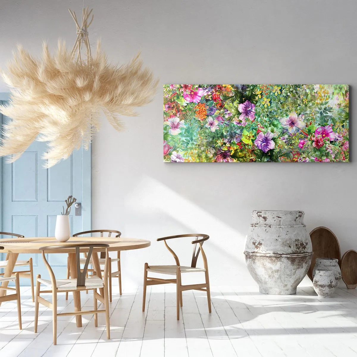 Bild auf Leinwand - Leinwandbild - Ein buntes Blumenarrangement auf grünem Hintergrund - 140x50cm - In Blumen für das Verderben - Moderne Wanddekoration für Wohnzimmer und Schlafzimmer ARTTOR