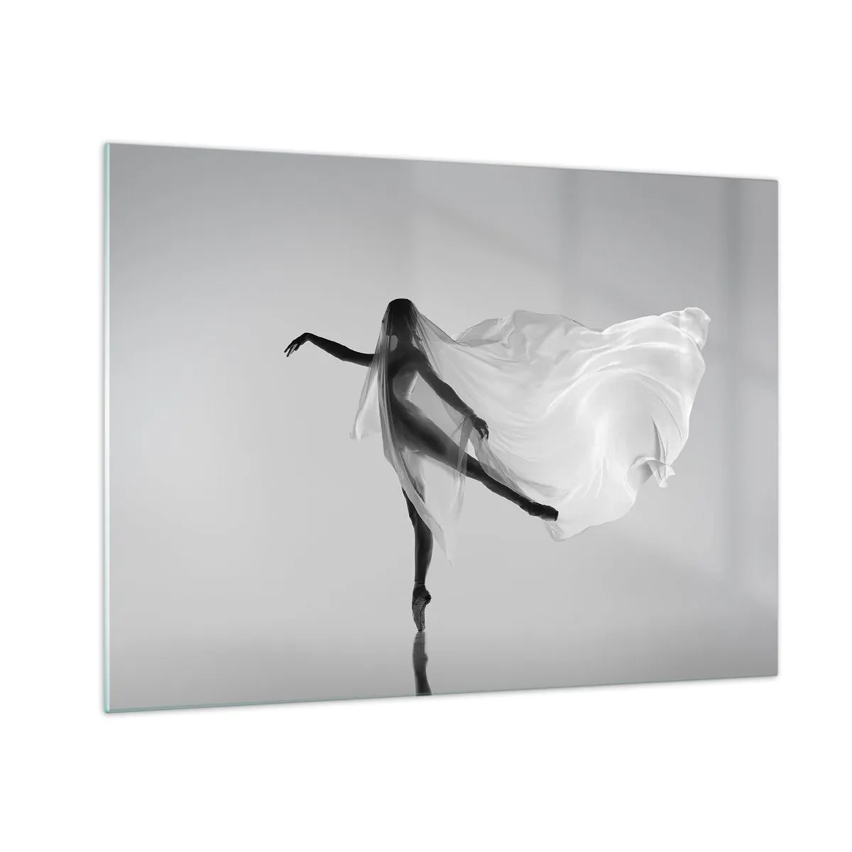 Glasbild - Bild auf glas - Silhouette einer Tänzerin mit schwebendem Schleier in Bewegung - 70x50cm - Leichtigkeit und Anmut - Moderne Wanddekoration für Wohnzimmer und Schlafzimmer ARTTOR