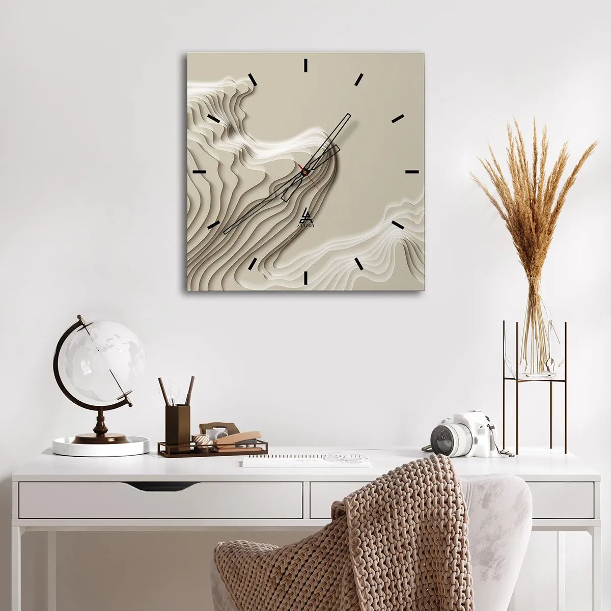 Wanduhr - Glasuhr - Ein abstraktes Muster in Beigetönen mit linearer Wirkung. - 30x30cm - Topographie der Kunst - Moderne Wanddekoration für Wohnzimmer und Schlafzimmer ARTTOR