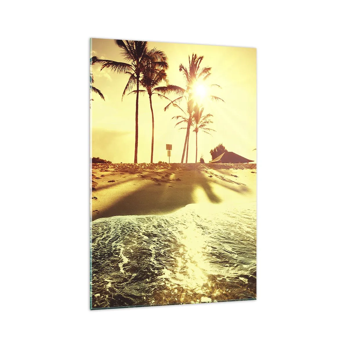 Glasbild - Bild auf glas - Ein Strand mit Palmen, beleuchtet von einem warmen Sonnenuntergang - 70x100cm - Kalifornien am Nachmittag - Moderne Wanddekoration für Wohnzimmer und Schlafzimmer ARTTOR