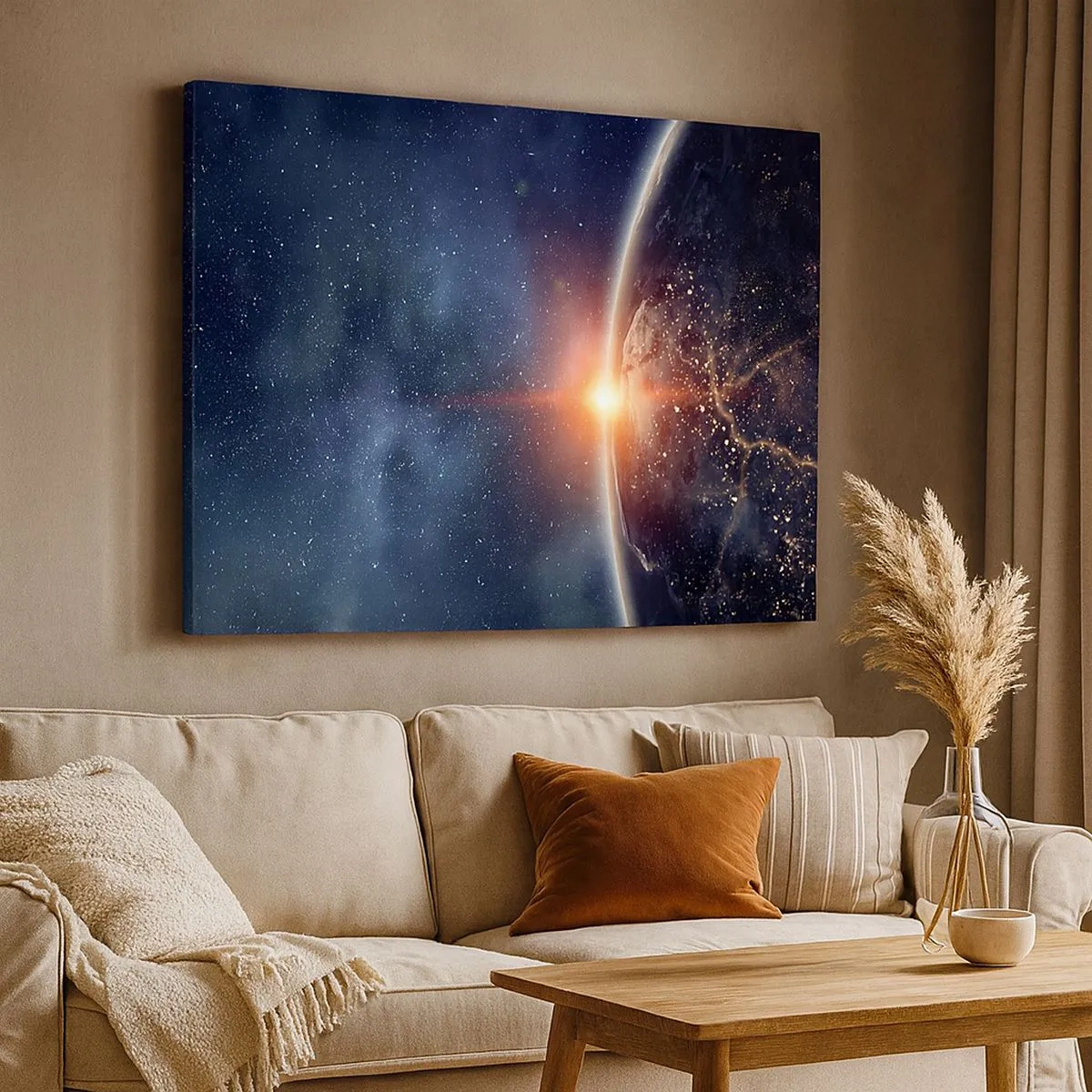 Bild auf Leinwand - Leinwandbild - Die Erde vom Weltraum aus gesehen mit der aufgehenden Sonne - 70x50cm - In einer neuen Perspektive - Moderne Wanddekoration für Wohnzimmer und Schlafzimmer ARTTOR