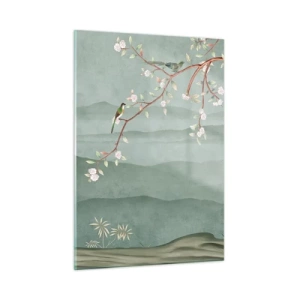 Glasbild - Bild auf glas - Ein Zweig mit Blumen und Vögeln vor dem Hintergrund grüner Hügel - 50x70cm - Frühling, oh, du bist es - Moderne Wanddekoration für Wohnzimmer und Schlafzimmer ARTTOR
