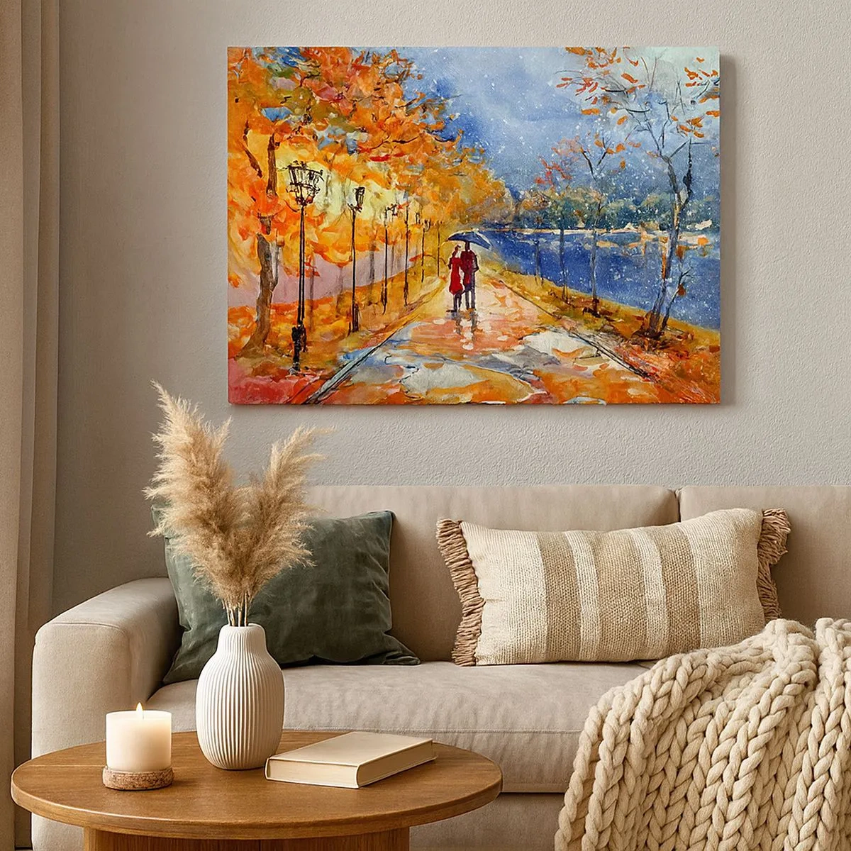 Bild auf Leinwand - Leinwandbild - Ein Herbstspaziergang im Park am Flussufer unter einem Regenschirm - 70x50cm - Gemeinsam bis an die Grenze der Zeit - Moderne Wanddekoration für Wohnzimmer und Schlafzimmer ARTTOR