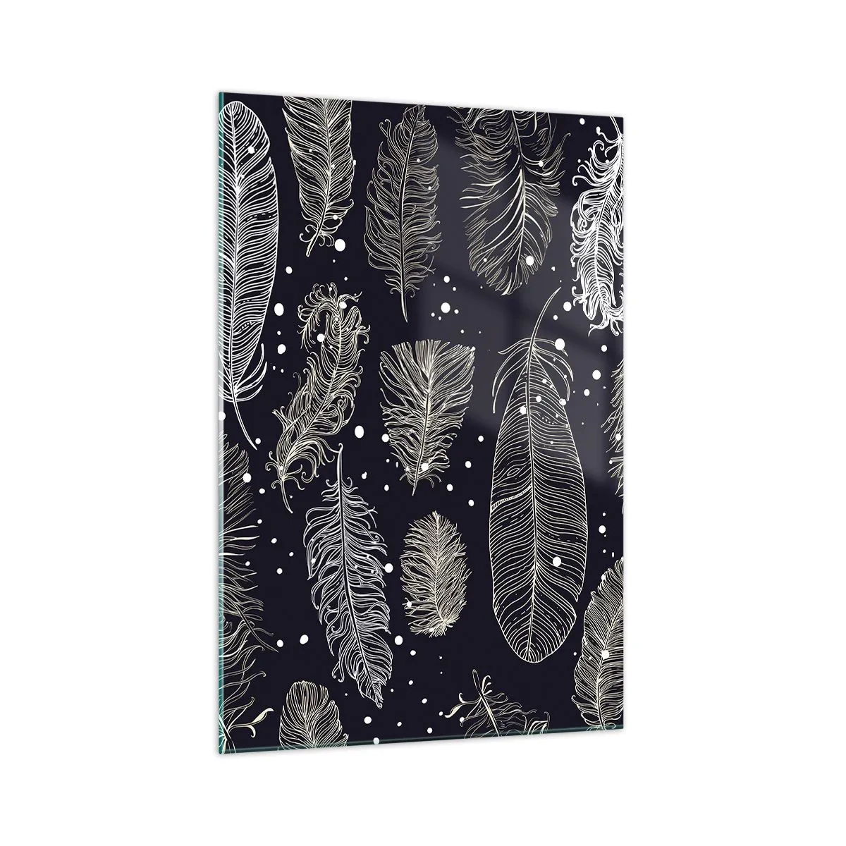 Glasbild - Bild auf glas - Zarte weiße Federn auf marineblauem Hintergrund - 70x100cm - Gefiederte Spitze - Moderne Wanddekoration für Wohnzimmer und Schlafzimmer ARTTOR