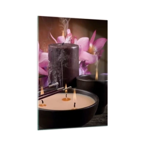 Glasbild - Bild auf glas - Buddha-Figur mit brennenden Kerzen und Räucherstäbchen - 70x100cm - Den Geist frei machen, den Körper beruhigen - Moderne Wanddekoration für Wohnzimmer und Schlafzimmer ARTTOR