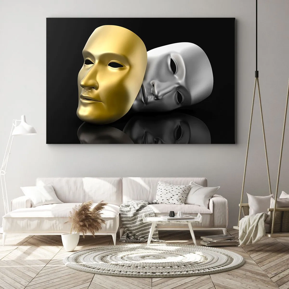 Bild auf Leinwand - Leinwandbild - Gold- und Silbermaske auf schwarzem Hintergrund - 120x80cm - Das Leben ist wie ein Theater - Moderne Wanddekoration für Wohnzimmer und Schlafzimmer ARTTOR