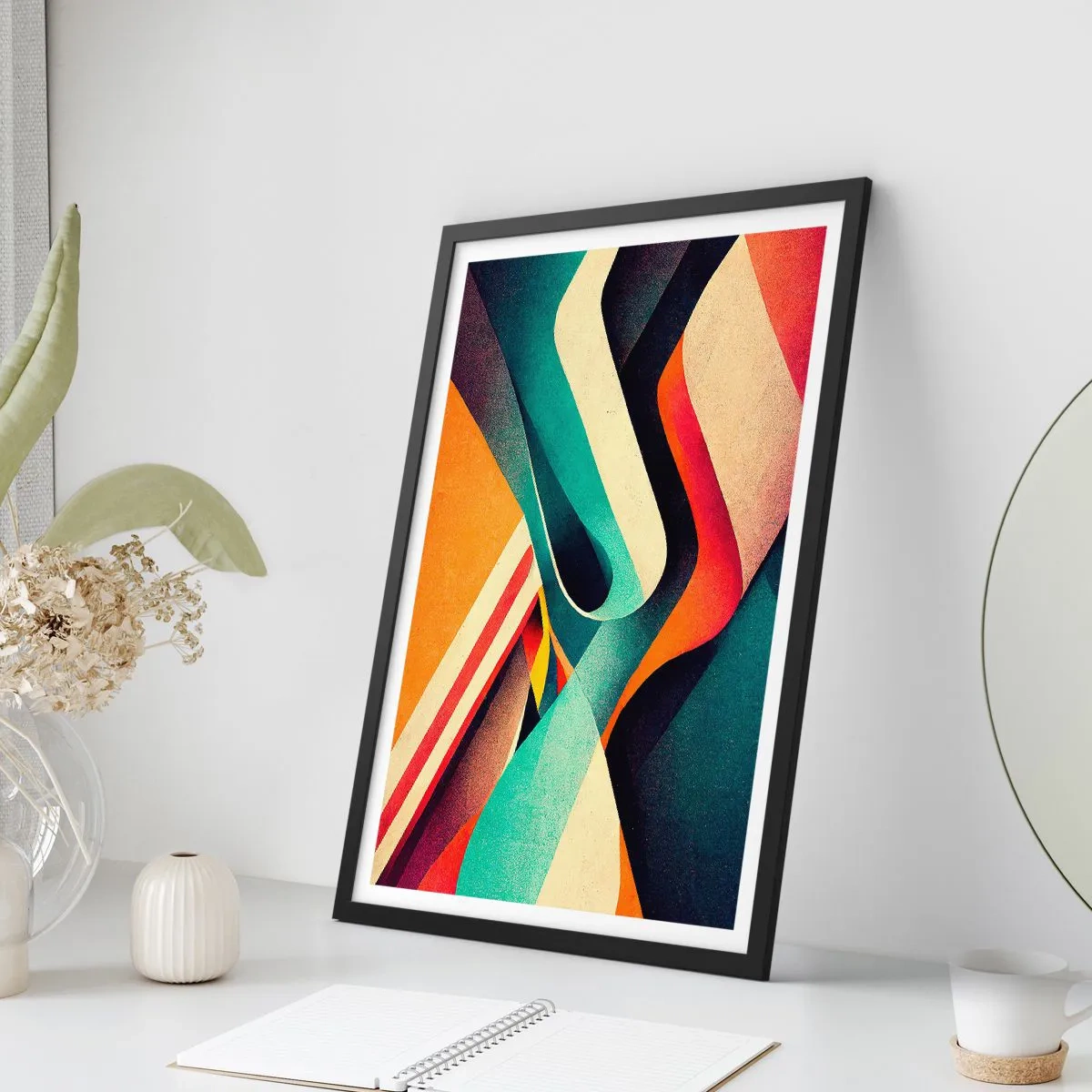 Poster in einem schwarzem Rahmen - Abstrakte Wellen in leuchtenden Retro-Farben - 50x70cm - Intensive Komposition - Moderne Wanddekoration für Wohnzimmer und Schlafzimmer ARTTOR