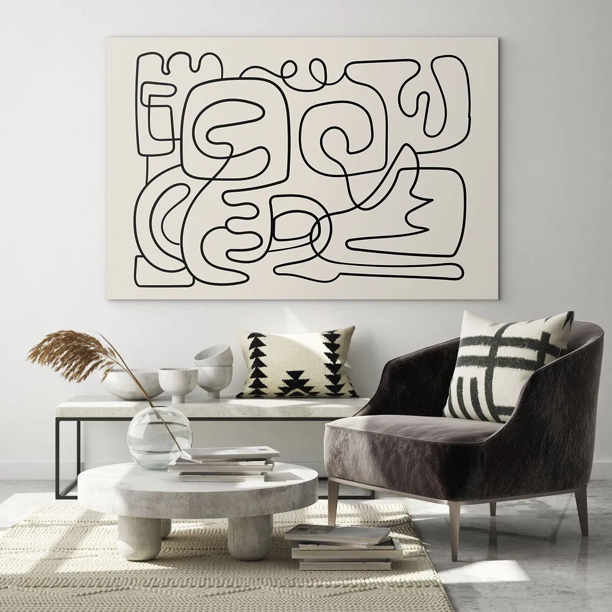 Glasbild - Bild auf glas - Schwarze abstrakte Linien bilden ein komplexes Muster auf Beige - 70x50cm - Folge der Spur - Moderne Wanddekoration für Wohnzimmer und Schlafzimmer ARTTOR