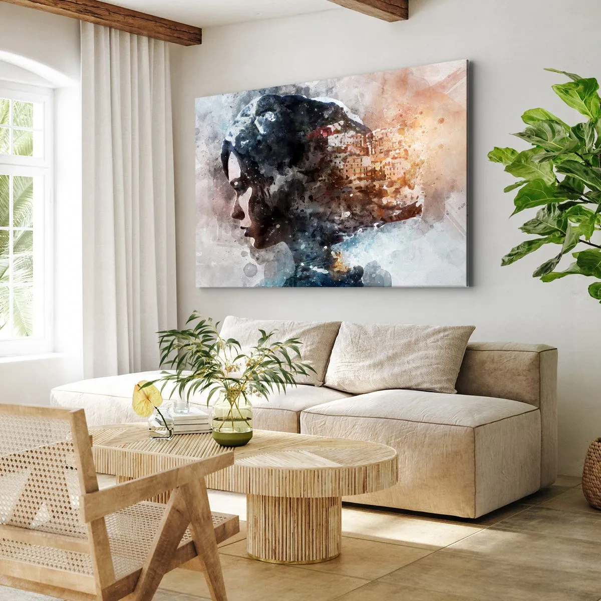 Bild auf Leinwand - Leinwandbild - Porträt einer Frau, die ihr Gesicht mit einer Stadtlandschaft im Hintergrund kombiniert - 70x50cm - Eine Geschichte über ein Mädchen mit einer Stadt im Hintergrund - Moderne Wanddekoration ARTTOR