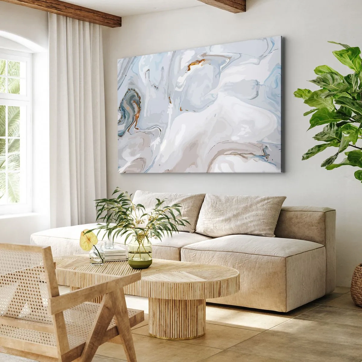 Bild auf Leinwand - Leinwandbild - Abstrakte Wellen in Blau- und Weißtönen - 70x50cm - Das Weiß wird erhoben - Moderne Wanddekoration für Wohnzimmer und Schlafzimmer ARTTOR