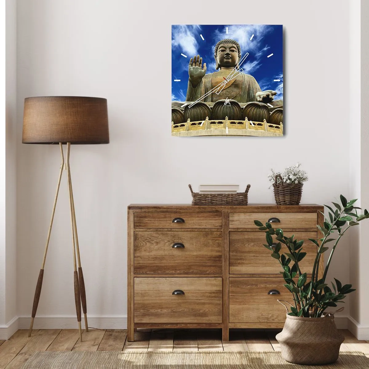 Wanduhr - Glasuhr - Eine monumentale Buddha-Statue vor einem blauen Himmel mit Wolken - 30x30cm - Leben ohne Angst - Moderne Wanddekoration für Wohnzimmer und Schlafzimmer ARTTOR