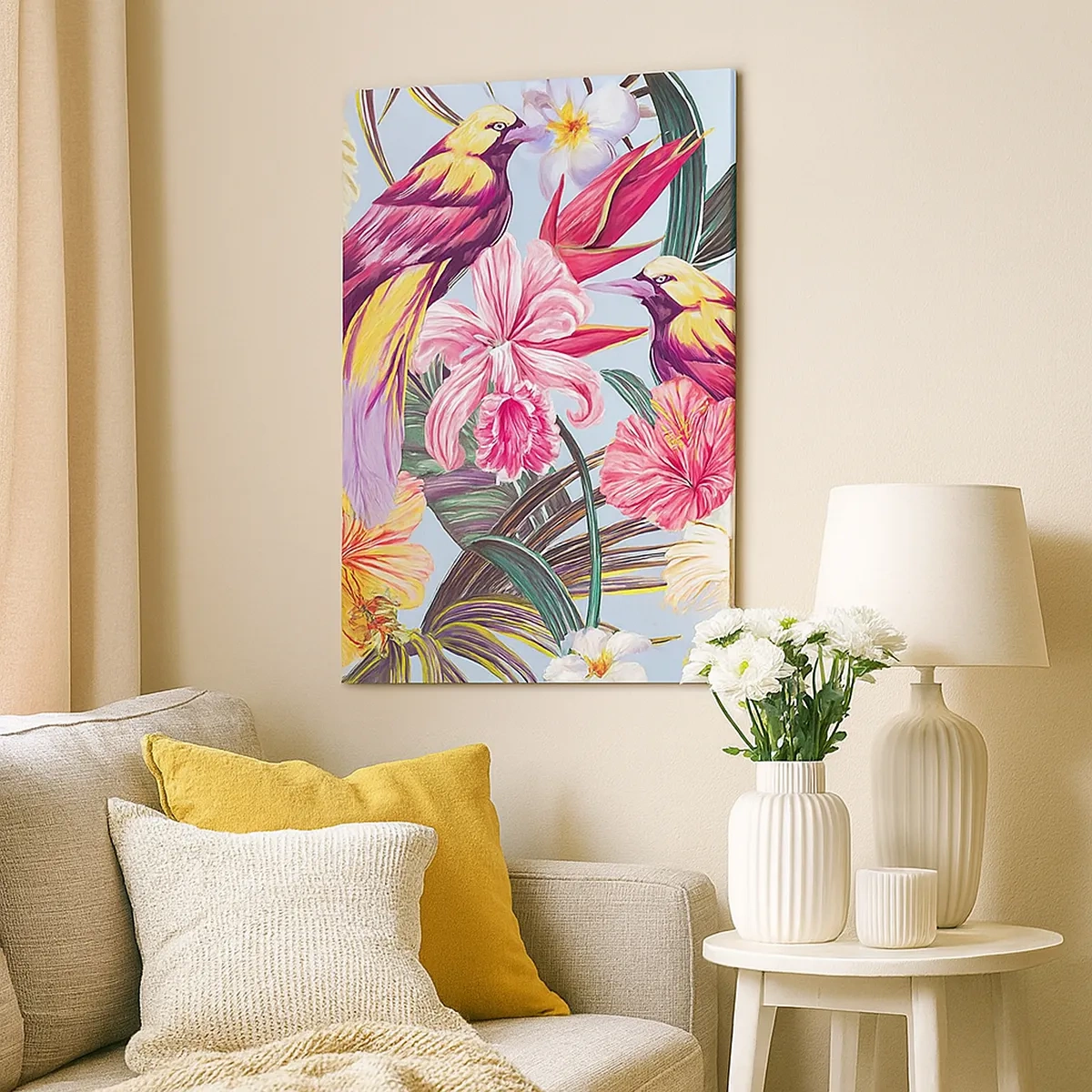 Bild auf Leinwand - Leinwandbild - Exotische Vögel zwischen tropischen Blumen - 50x70cm - Blütenblätter und Federn - Moderne Wanddekoration für Wohnzimmer und Schlafzimmer ARTTOR