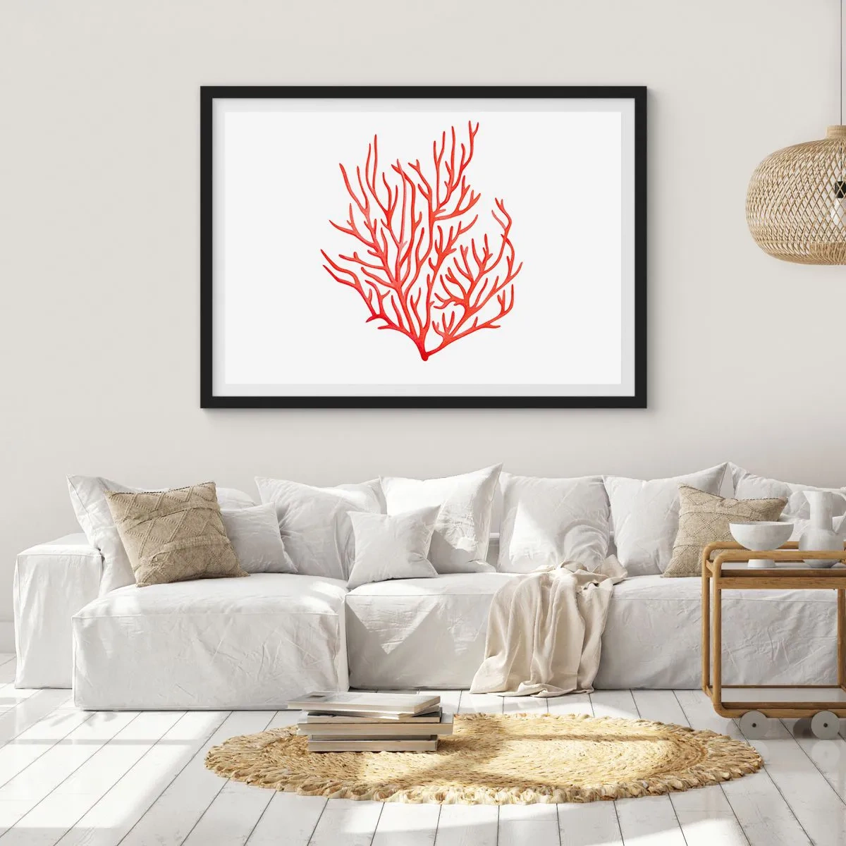 Poster in einem schwarzem Rahmen - Rote Koralle auf weißem Hintergrund im minimalistischen Stil - 100x70cm - Korallenfiligran - Moderne Wanddekoration für Wohnzimmer und Schlafzimmer ARTTOR
