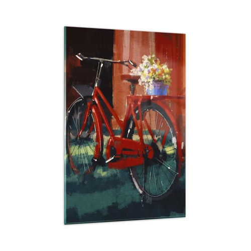 Glasbild - Bild auf glas - Ein rotes Fahrrad mit Blumen vor einer orangefarbenen Wand - 80x120cm - Ich möchte mit meinem Fahrrad fahren - Moderne Wanddekoration für Wohnzimmer und Schlafzimmer ARTTOR