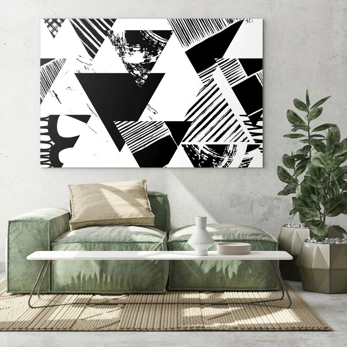 Glasbild - Bild auf glas - Schwarz-weiße geometrische Muster mit Dreiecksmotiven - 70x50cm - Regen von Dreiecken - Moderne Wanddekoration für Wohnzimmer und Schlafzimmer ARTTOR