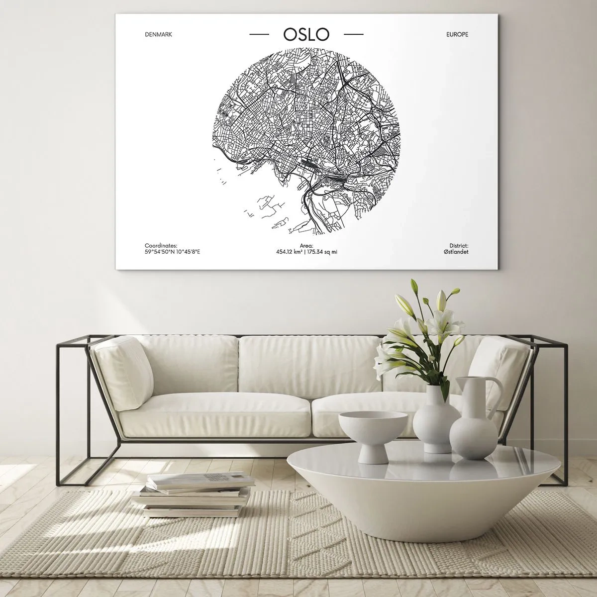 Glasbild - Bild auf glas - Oslo-Stadtplan im Schwarz-Weiß-Grafikstil - 70x50cm - Anatomie von Oslo - Moderne Wanddekoration für Wohnzimmer und Schlafzimmer ARTTOR