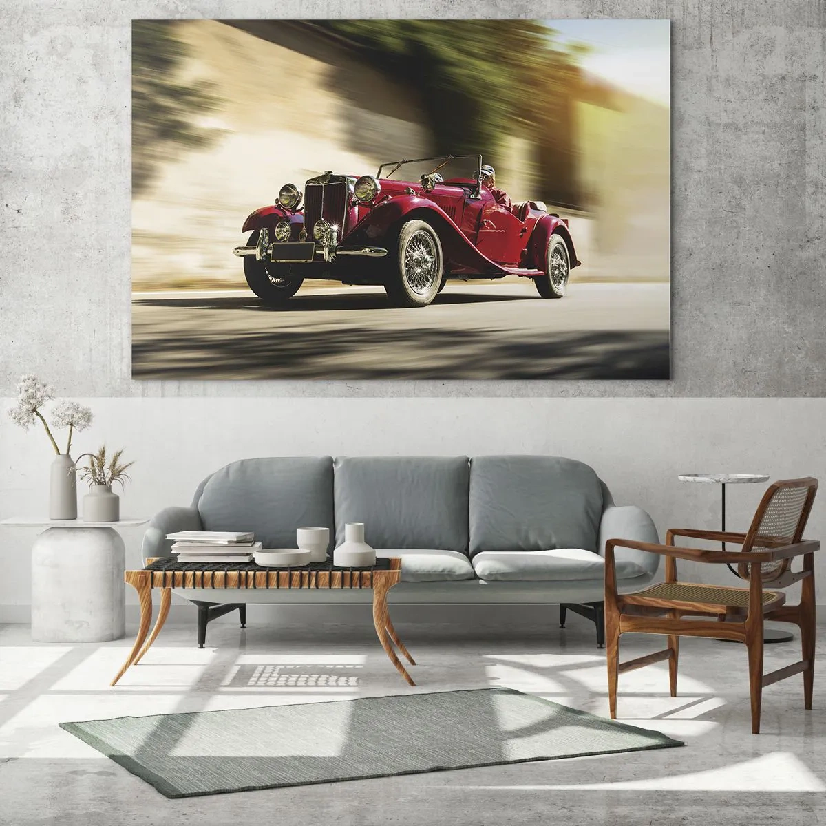 Glasbild - Bild auf glas - Klassisches rotes Cabrio in Bewegung vor dem Hintergrund der Straße und der verschwommenen Landschaft - 100x70cm - Schöner als Nike von Samothrake - Moderne Wanddekoration für Wohnzimmer und Schlafzimmer ARTTOR
